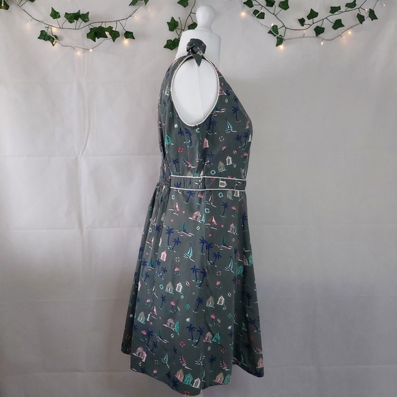 Debenhams Beach Hut Palm Print 100% Cotton Sleeveless Green Unique Dress Size 16 - Picture 4 of 11